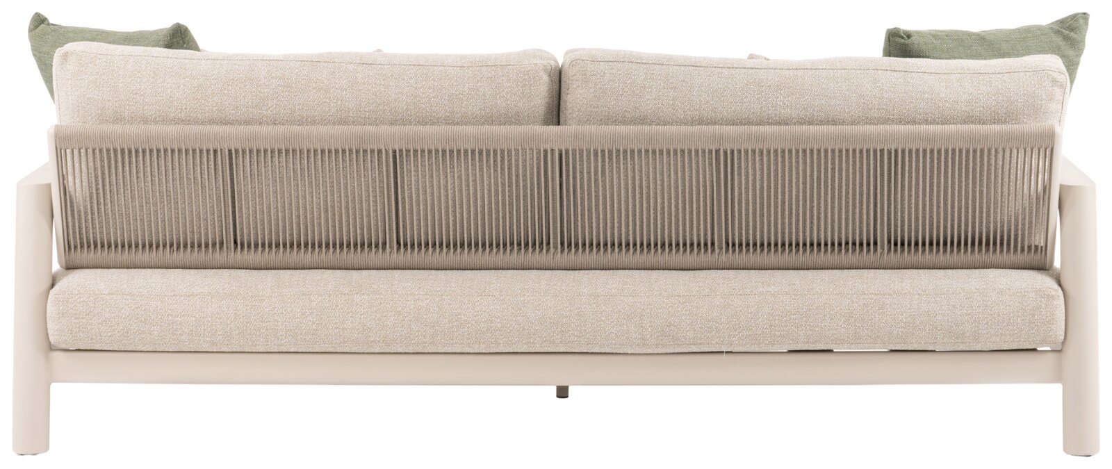 Achterkant van een driezits loungebank met beige bekleding en groene kussens, modern ontwerp met gevlochten rugleuning.