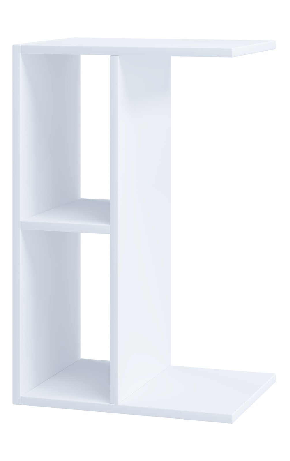 Weißes, minimalistisches Beistellregal/Nachttisch mit zwei Ablagefächern und seitlichen Paneelen, freigestellt auf weißem Hintergrund, Ansicht schräg von vorne