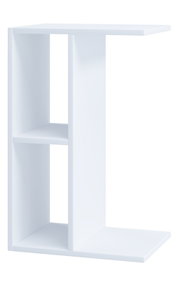 Weißes, minimalistisches Beistellregal/Nachttisch mit zwei Ablagefächern und seitlichen Paneelen, freigestellt auf weißem Hintergrund, Ansicht schräg von vorne