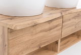 Nahaufnahme eines Waschtisch-Sets aus Holz mit zwei weißen Waschbecken, seitliche Perspektive.