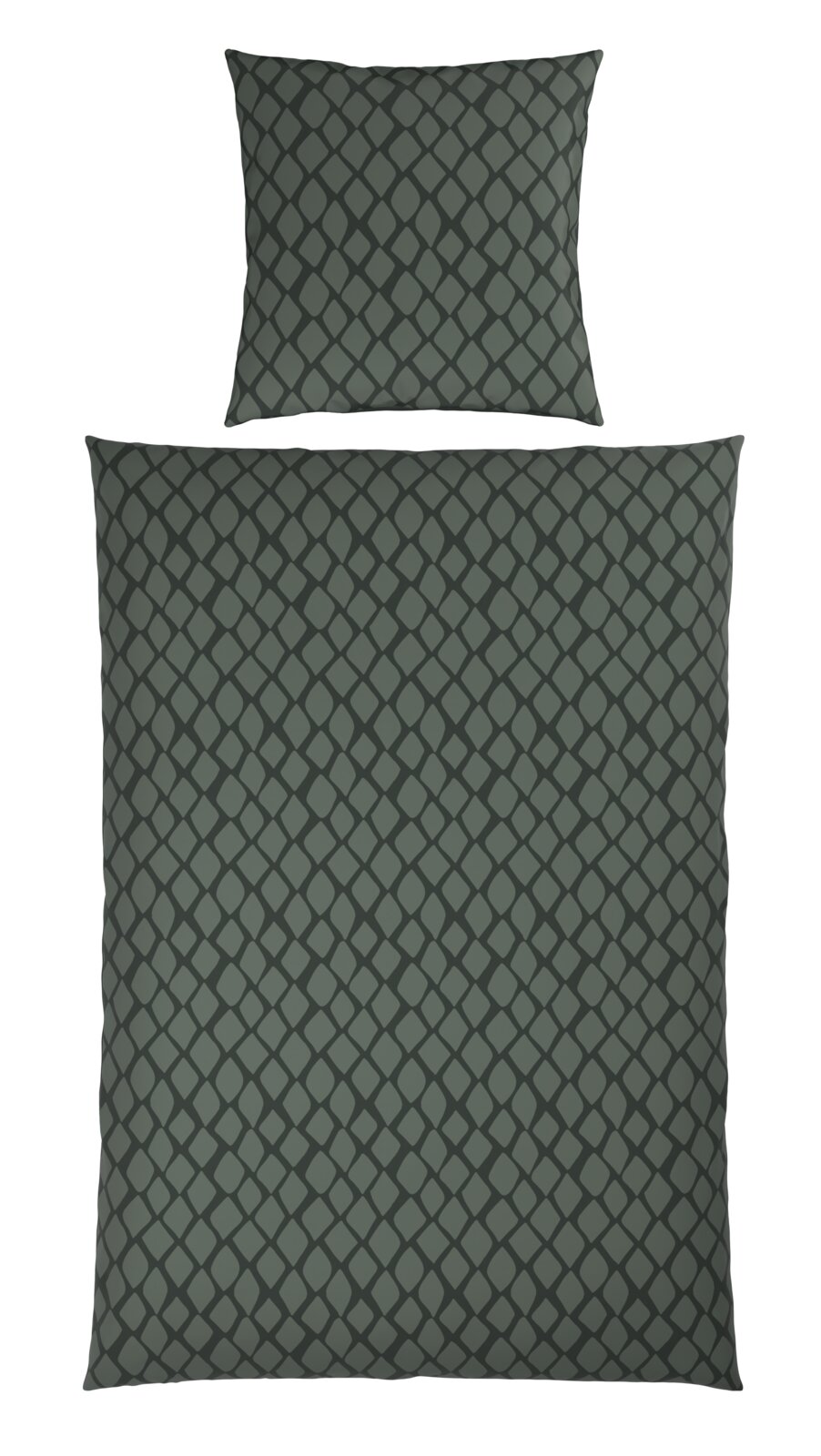 Dunkelgraue Wendebettwäsche mit geometrischem Muster, Ansicht von oben
