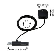 Stromeinspeisung mit 2 Meter Kabel, schwarze Farbe, Abmessungen 140 x 21 x 21 mm und 80 x 30 mm, seitliche Perspektive