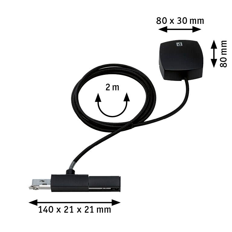 Stromeinspeisung mit 2 Meter Kabel, schwarze Farbe, Abmessungen 140 x 21 x 21 mm und 80 x 30 mm, seitliche Perspektive