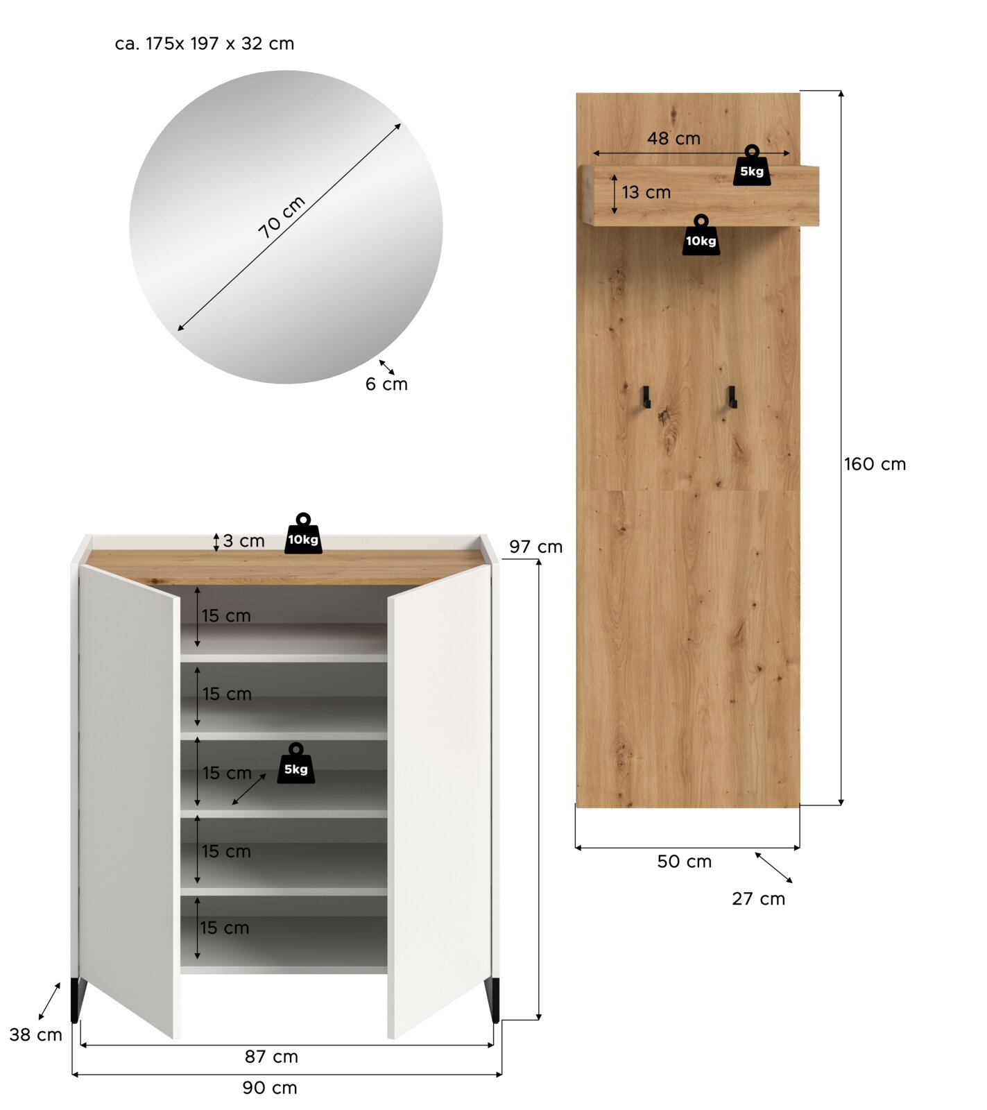 Maßgrafik eines Badezimmersets: runder Spiegel (Ø 70 cm, Tiefe 6 cm) in Frontansicht, Hochschrank/Paneel aus Holzoptik (160 × 50 × 27 cm) in Frontansicht sowie weißer Waschtischunterschrank mit geöffneten Türen (ca. 90 cm breit, 97 cm hoch, 38 cm tief) in