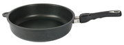 Schwarze Schmorpfanne mit abnehmbarem Griff, seitliche Perspektive