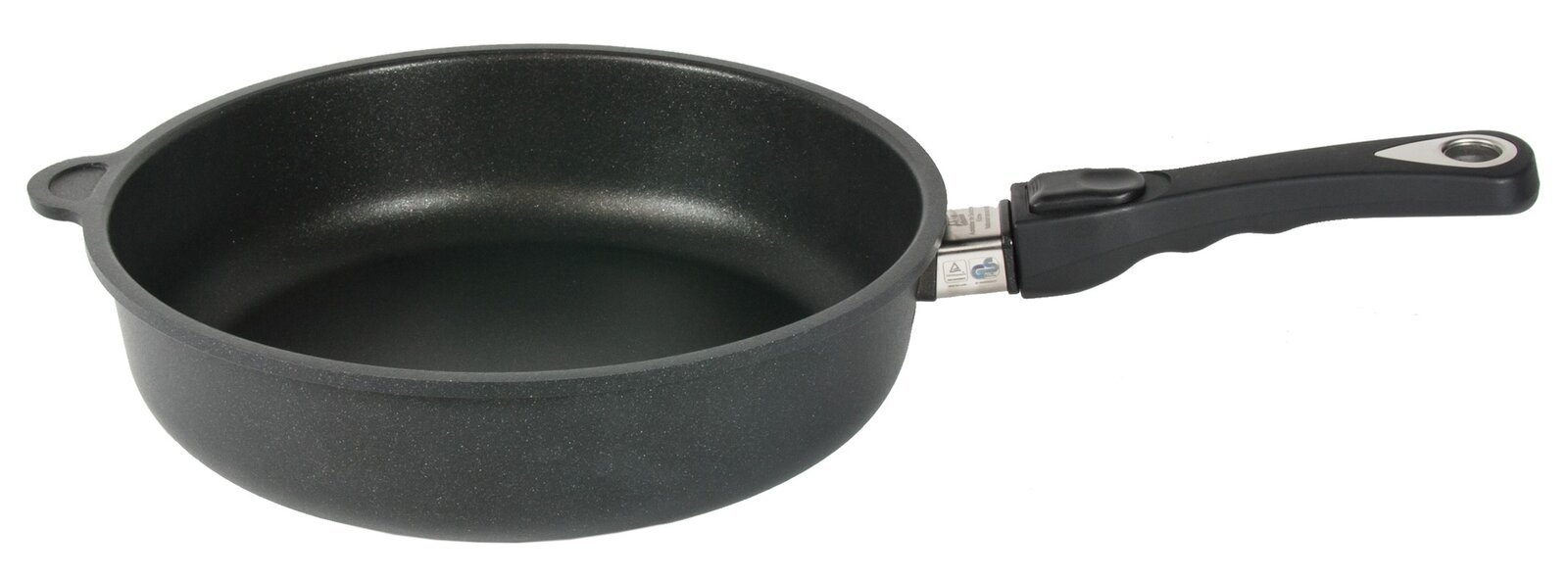 Schwarze Schmorpfanne mit abnehmbarem Griff, seitliche Perspektive