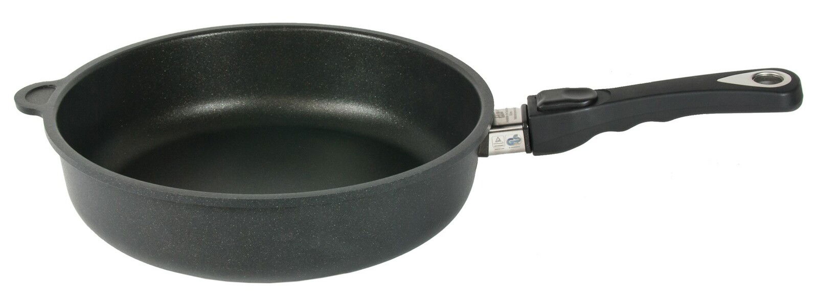 Schwarze Schmorpfanne mit abnehmbarem Griff, seitliche Perspektive