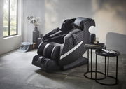 Luxuriöser schwarzer Massagesessel in einem modernen Raum, seitliche Perspektive