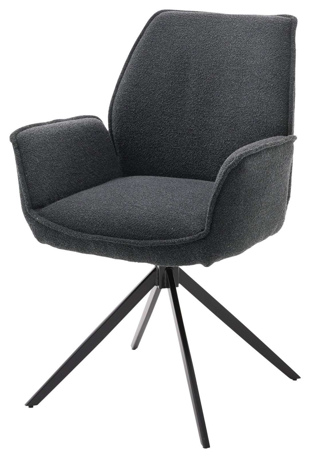 Moderner Armlehnstuhl mit dunkelgrauem Stoffbezug und schwarzem Metallgestell, seitliche Perspektive