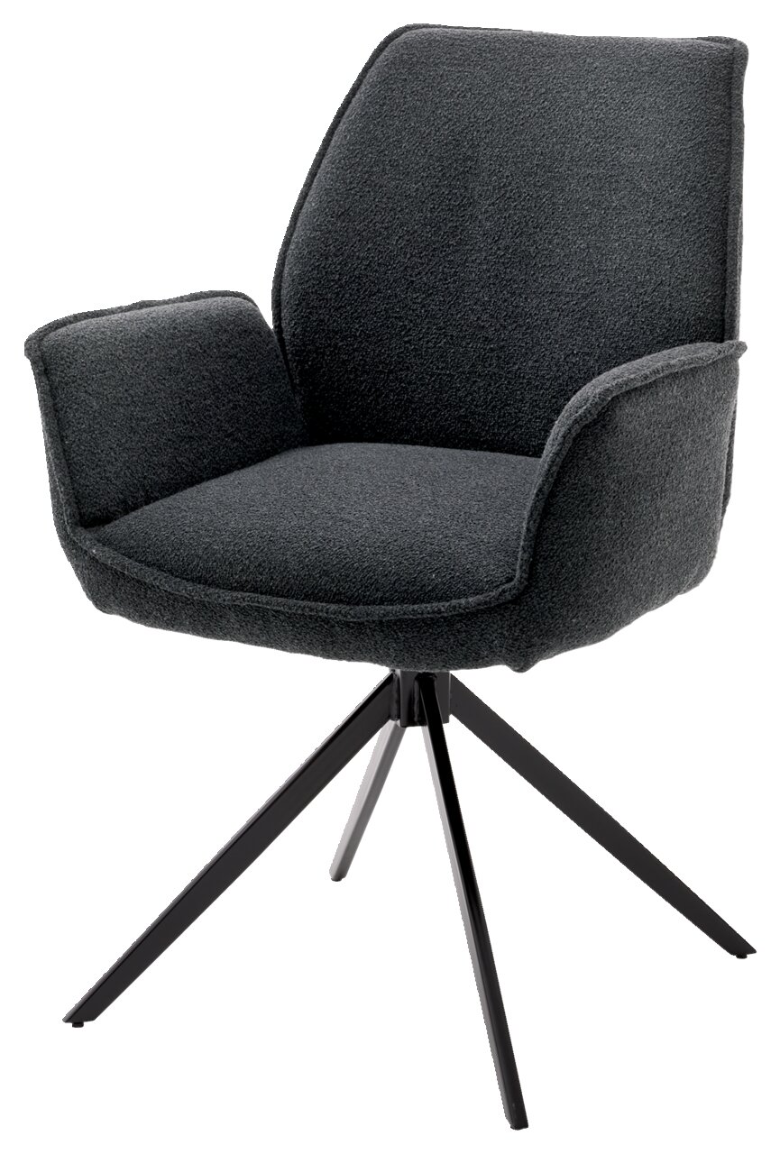 Moderner Armlehnstuhl mit dunkelgrauem Stoffbezug und schwarzem Metallgestell, seitliche Perspektive