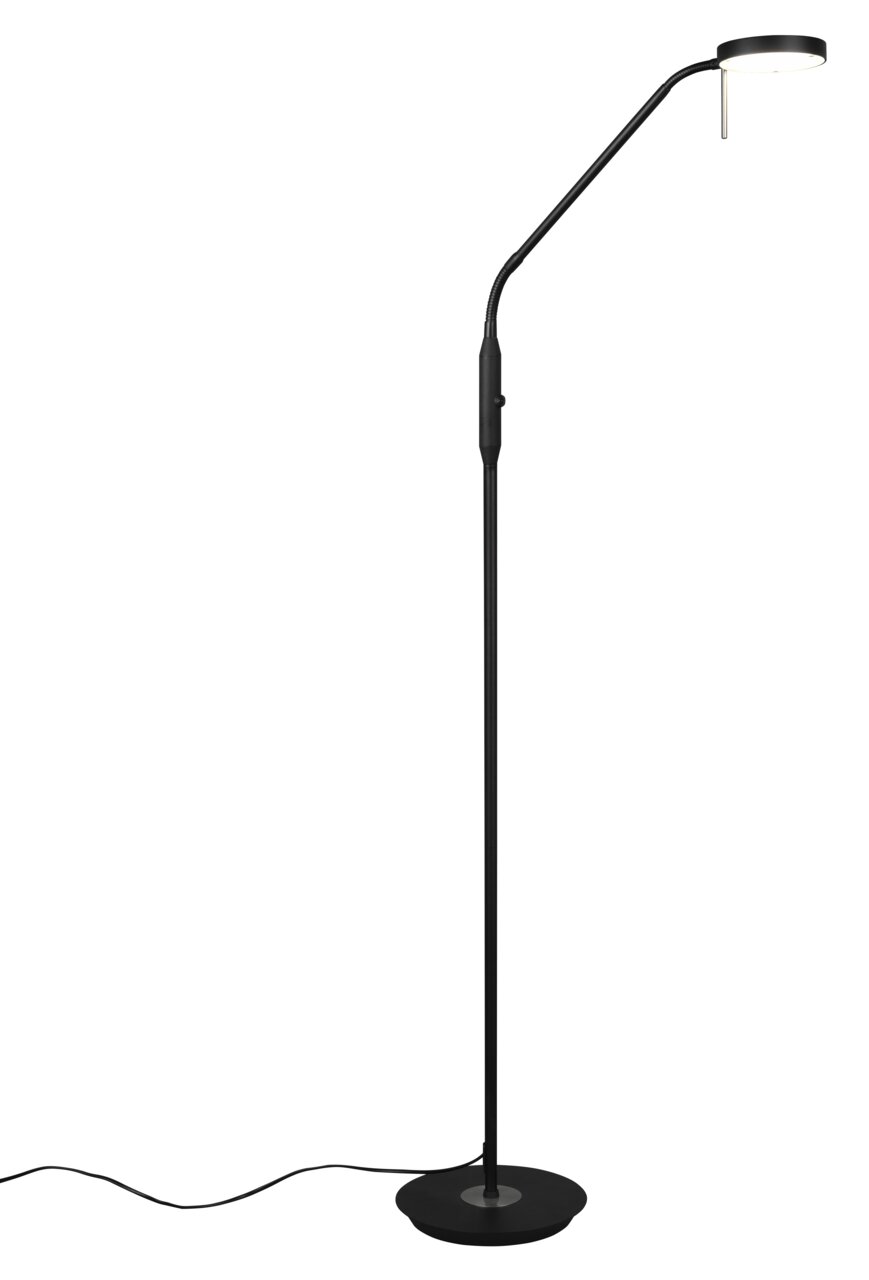 Stehleuchte mit schlankem, modernem Design und flexiblem Arm, seitliche Perspektive
