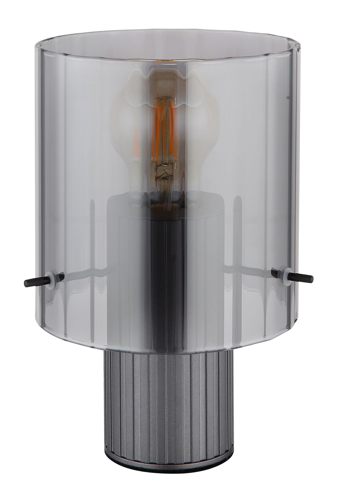 Moderne Tischleuchte TULIVAR mit transparentem, zylindrischem Schirm und sichtbarer Glühbirne, seitliche Perspektive
