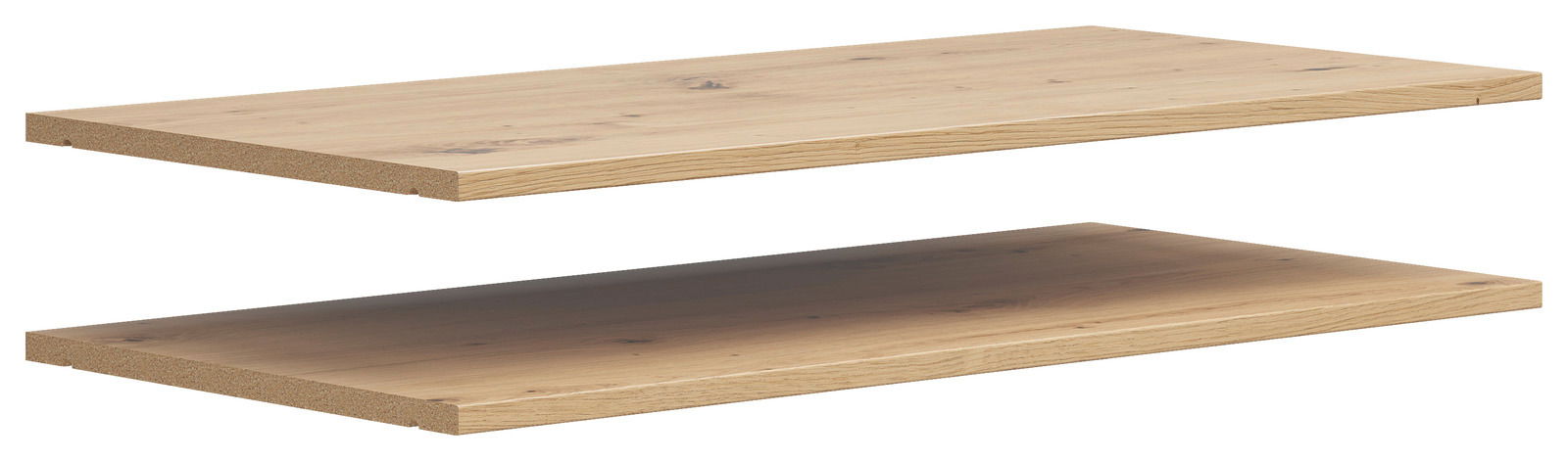 Carryhome Einlegeboden 2er MULTISTAURAUM Zwei hölzerne Einlegeböden in Eichenoptik, schwebend übereinander, seitliche Perspektive.