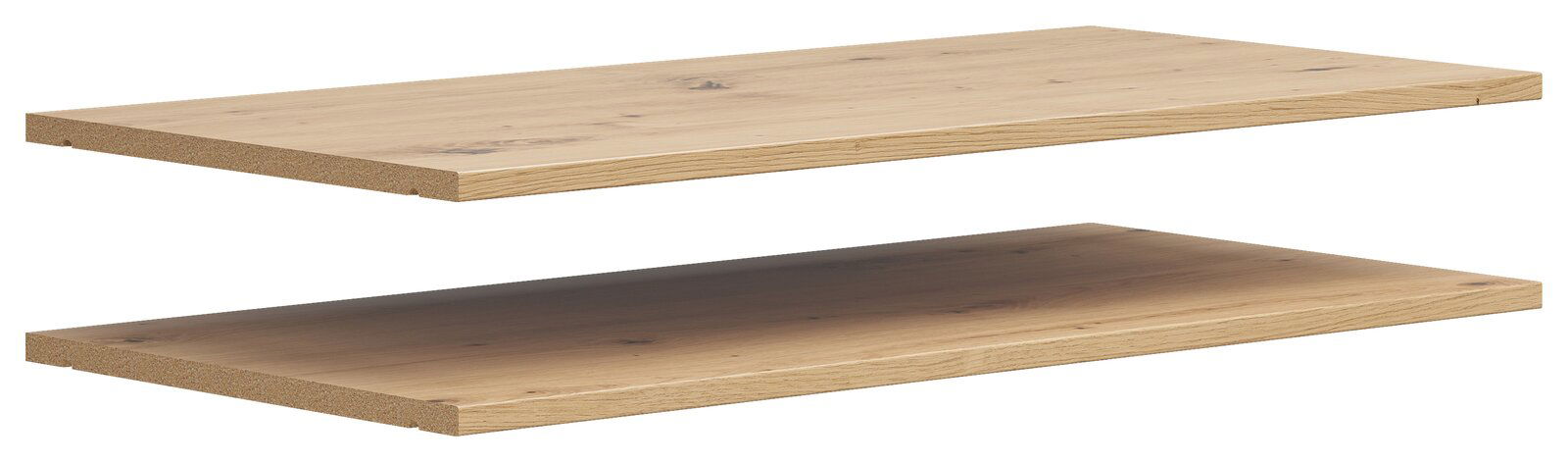 Carryhome Einlegeboden 2er MULTISTAURAUM Zwei hölzerne Einlegeböden in Eichenoptik, schwebend übereinander, seitliche Perspektive.