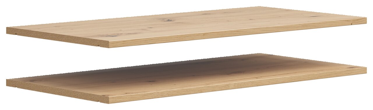 Carryhome Einlegeboden 2er MULTISTAURAUM Zwei hölzerne Einlegeböden in Eichenoptik, schwebend übereinander, seitliche Perspektive.