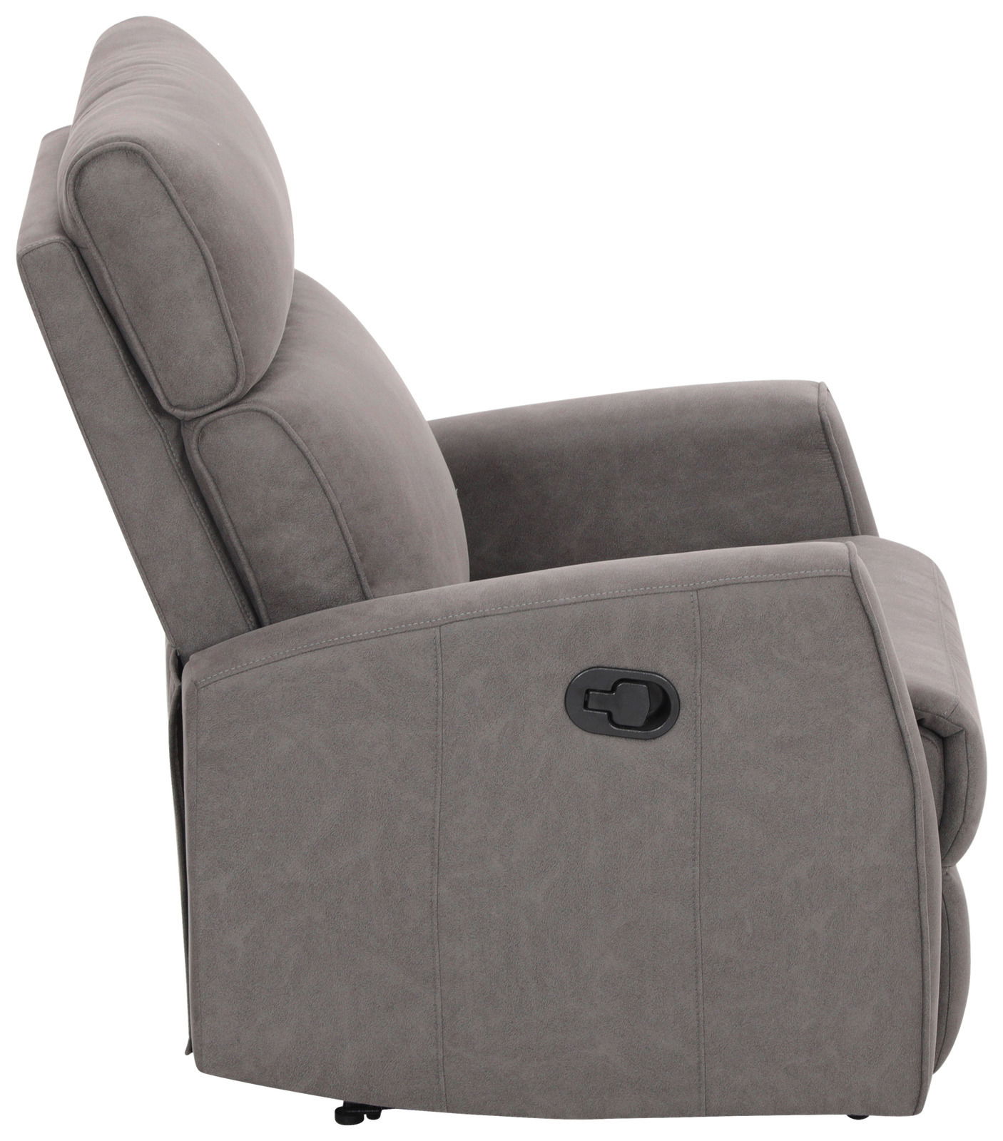 Grauer Sessel in Seitenansicht mit verstellbarer Rückenlehne.