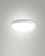 Moderne LED-Deckenleuchte in Weiß, von unten betrachtet, mit gleichmäßiger Lichtverteilung.