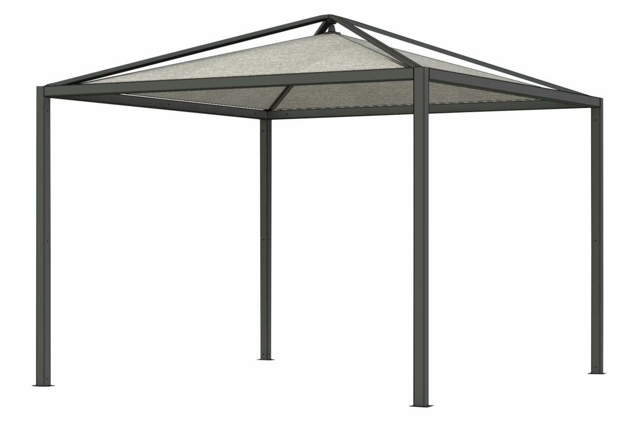 Metall-Pavillon mit vier Beinen und spitzem Dach, seitliche Perspektive