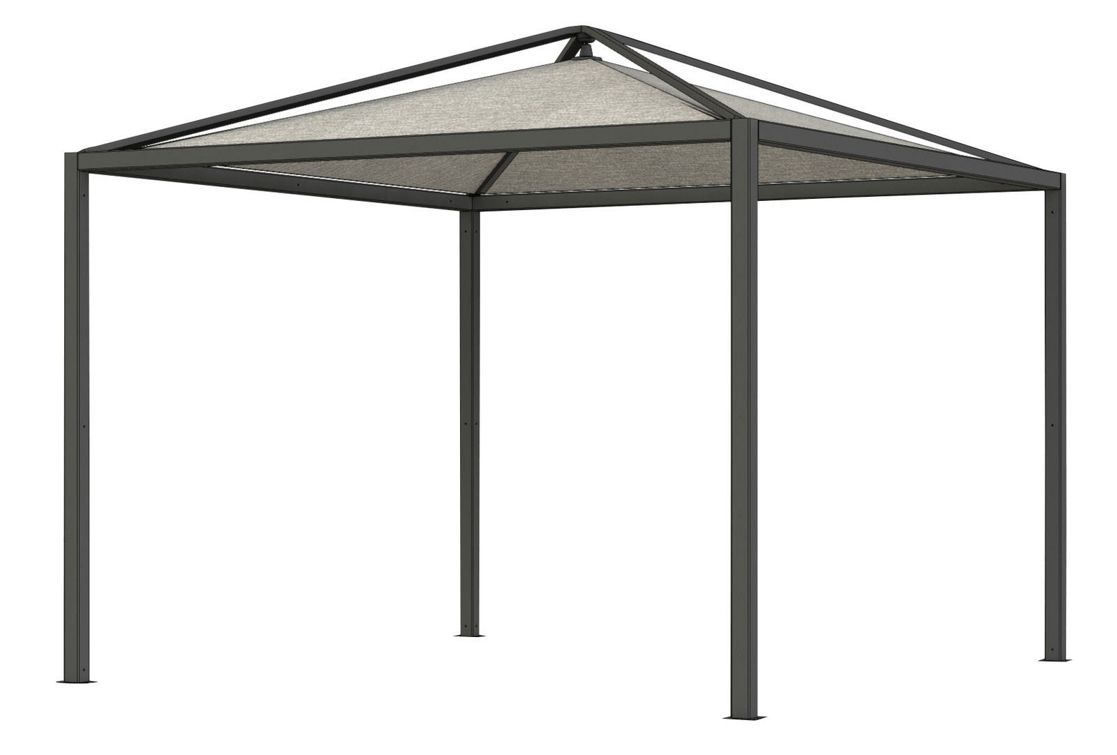 Metall-Pavillon mit vier Beinen und spitzem Dach, seitliche Perspektive