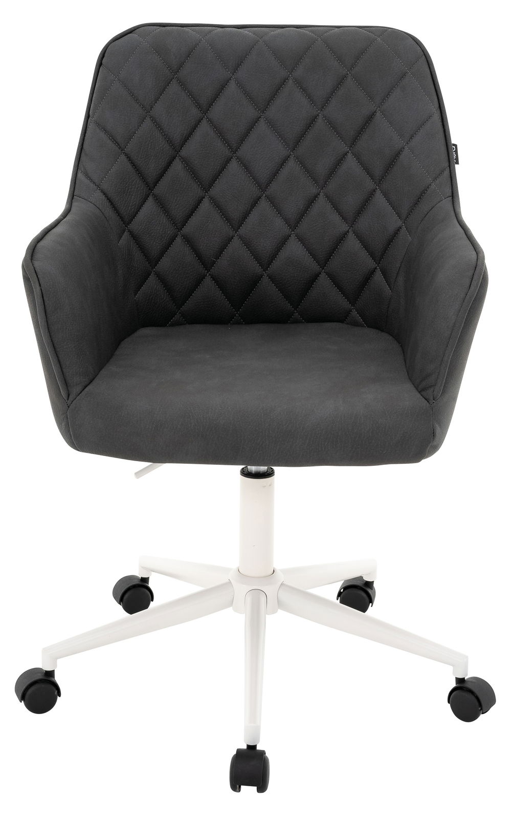 Schwarzer Drehstuhl XORA MARTHA mit gesteppter Rückenlehne und weißem Fußgestell, Vorderansicht