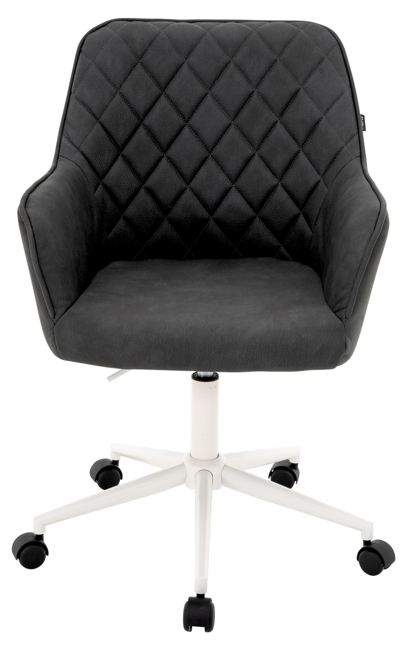 Schwarzer Drehstuhl XORA MARTHA mit gesteppter Rückenlehne und weißem Fußgestell, Vorderansicht