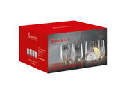 Verpackung des Whiskyglas Lifestyle 4-tlg. Sets von Spiegelau, Vorderansicht mit Abbildung der Gläser und Eiswürfeln mit Zitronenscheibe.