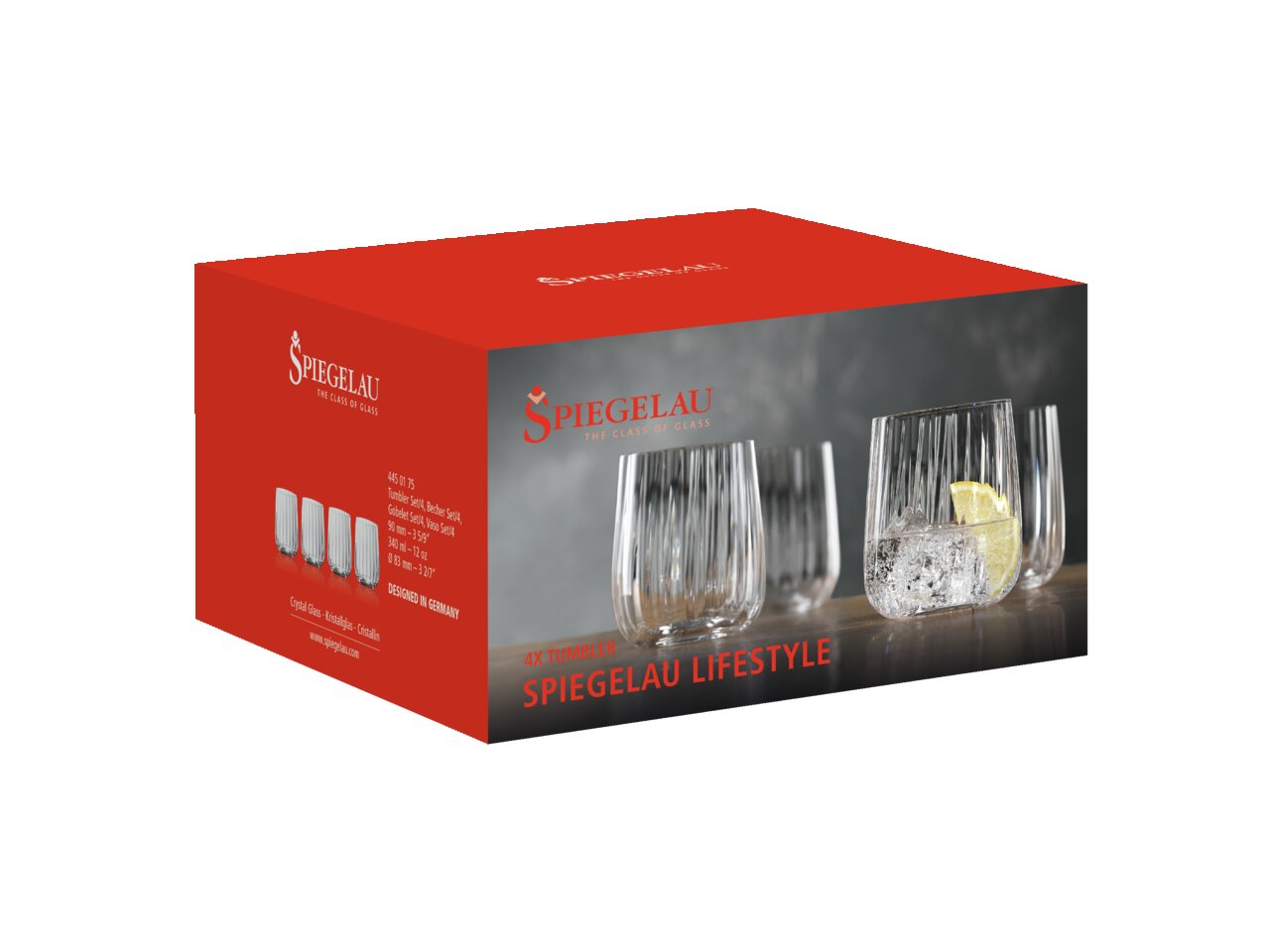 Spiegelau Becher-Set 4-tlg. LIFESTYLE Verpackung des Whiskyglas Lifestyle 4-tlg. Sets von Spiegelau, Vorderansicht mit Abbildung der Gläser und Eiswürfeln mit Zitronenscheibe.