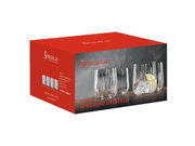 Verpakking van de Lifestyle-set van 4 whiskyglazen van Spiegelau, vooraanzicht met afbeelding van de glazen en ijsblokjes met een schijfje citroen.