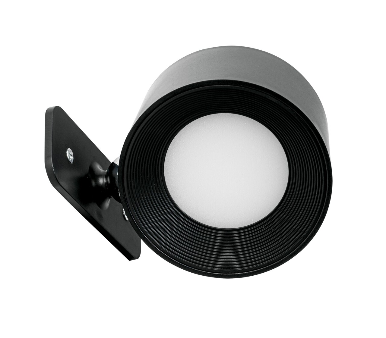 Moderne schwarze Akku-Wandleuchte mit rundem Design, seitliche Perspektive