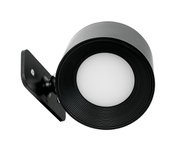 Moderne schwarze Akku-Wandleuchte mit rundem Design, seitliche Perspektive