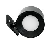 Moderne schwarze Akku-Wandleuchte mit rundem Design, seitliche Perspektive