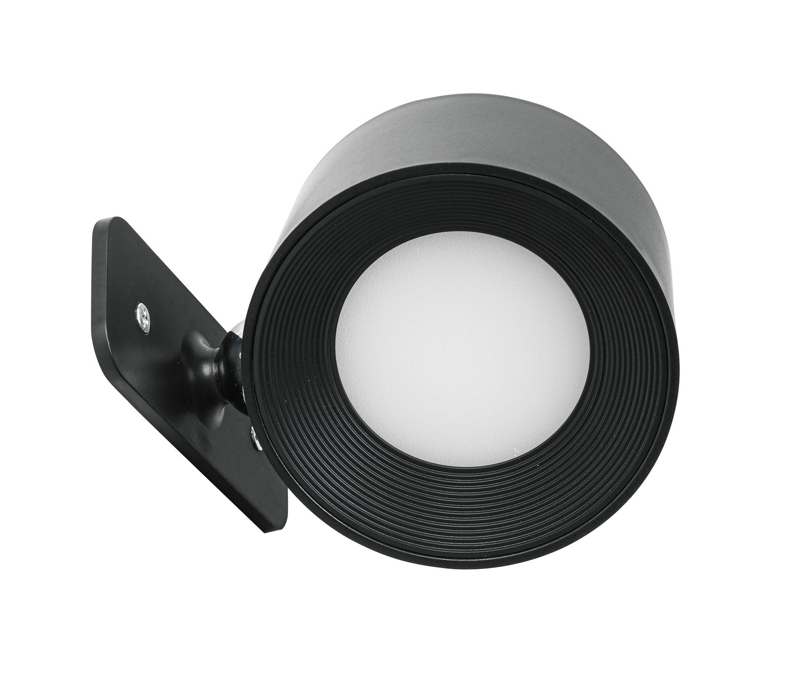 Moderne schwarze Akku-Wandleuchte mit rundem Design, seitliche Perspektive