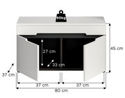 Weißer Unterschrank mit zwei geöffneten Türen und Innenfach, Maßgrafik mit 80 cm Breite, 45 cm Höhe, 37 cm Tiefe sowie Innenmaßen 27 cm/33 cm und Belastbarkeit 90 kg, Frontansicht.