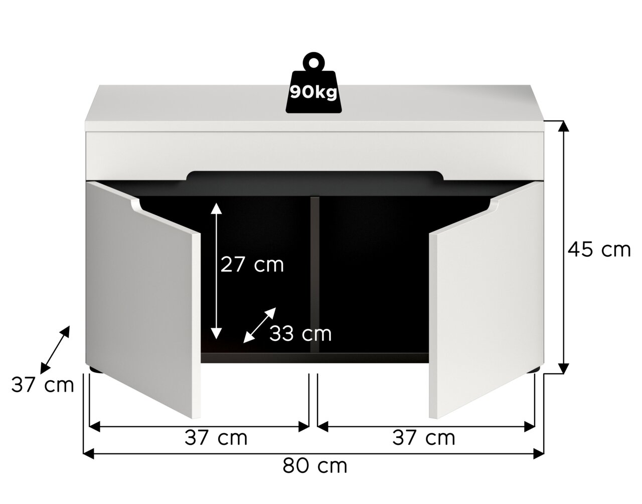 Weißer Unterschrank mit zwei geöffneten Türen und Innenfach, Maßgrafik mit 80 cm Breite, 45 cm Höhe, 37 cm Tiefe sowie Innenmaßen 27 cm/33 cm und Belastbarkeit 90 kg, Frontansicht.
