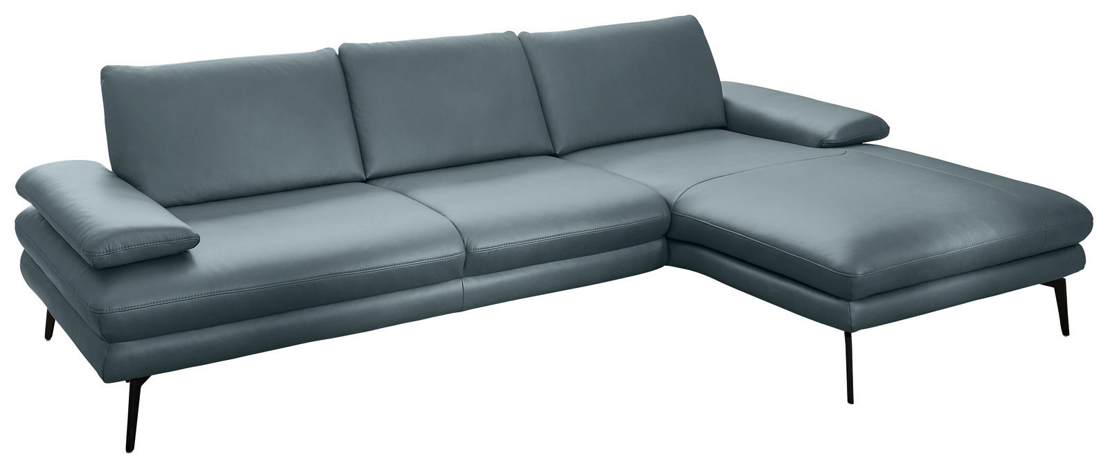 Dieter Knoll Longchairkombination ARZONA L Graues Longchair-Sofa in rechter Perspektive mit drei Rückenkissen und einem Armlehnenkissen.