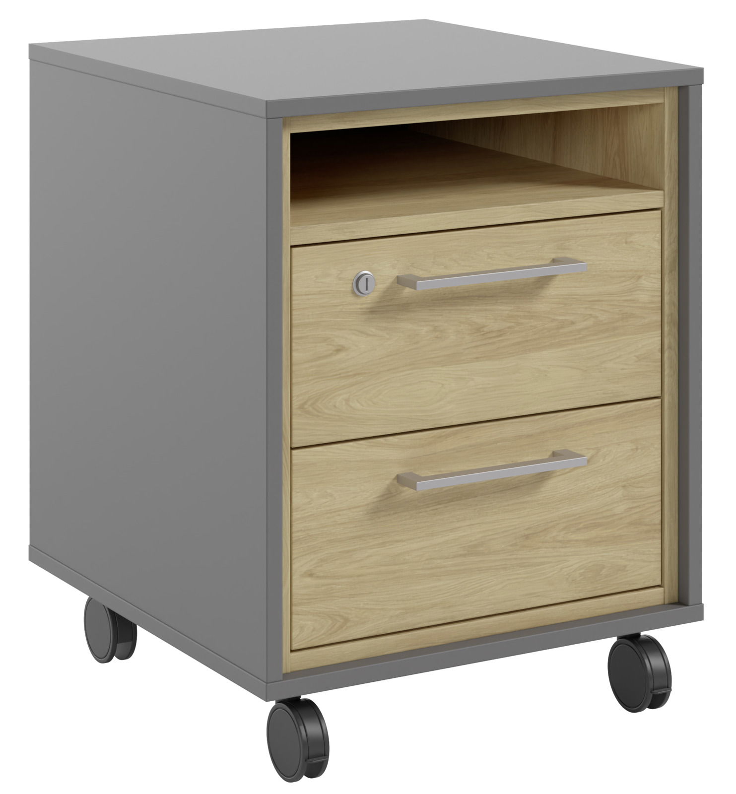Rollcontainer mit grauem Korpus und Holzfronten, zwei Schubladen und einem offenen Fach, auf Rollen, Perspektive von vorne links