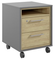 Rollcontainer mit grauem Korpus und Holzfronten, zwei Schubladen und einem offenen Fach, auf Rollen, Perspektive von vorne links