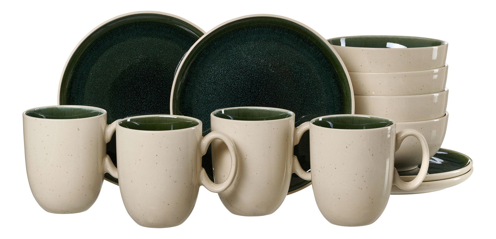 Frontalansicht eines 12-teiligen Frühstückssets von Ritzenhoff & Breker in Dunkelgrün und Beige, bestehend aus Tassen, Schalen und Tellern.