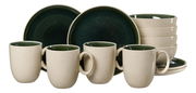 Frontalansicht eines 12-teiligen Frühstückssets von Ritzenhoff & Breker in Dunkelgrün und Beige, bestehend aus Tassen, Schalen und Tellern.