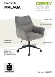 Grauer Drehstuhl mit Cordbezug, höhenverstellbarem Sitz, 360° Drehfunktion und Wippfunktion, aus seitlicher Perspektive fotografiert.