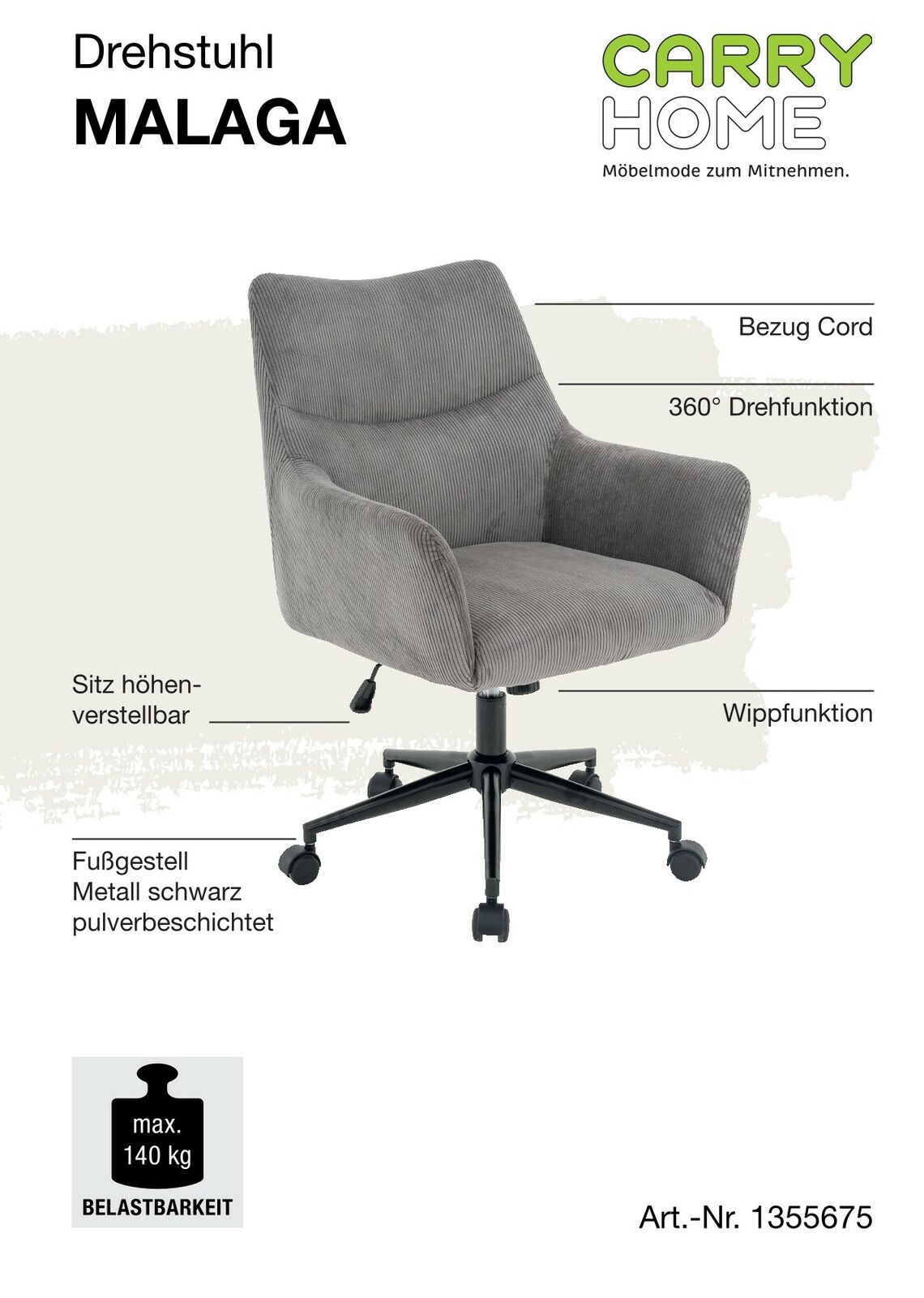 Grauer Drehstuhl mit Cordbezug, höhenverstellbarem Sitz, 360° Drehfunktion und Wippfunktion, aus seitlicher Perspektive fotografiert.