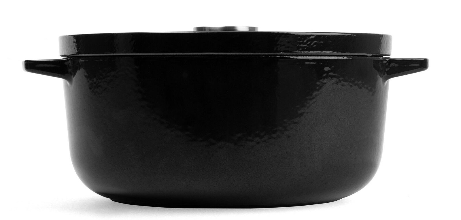 Schwarzer runder Gusseisen-Bräter mit Deckel, seitliche Perspektive