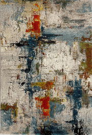 Abstrakter moderner Teppich in Blau-, Rot- und Gelbtönen, Draufsicht