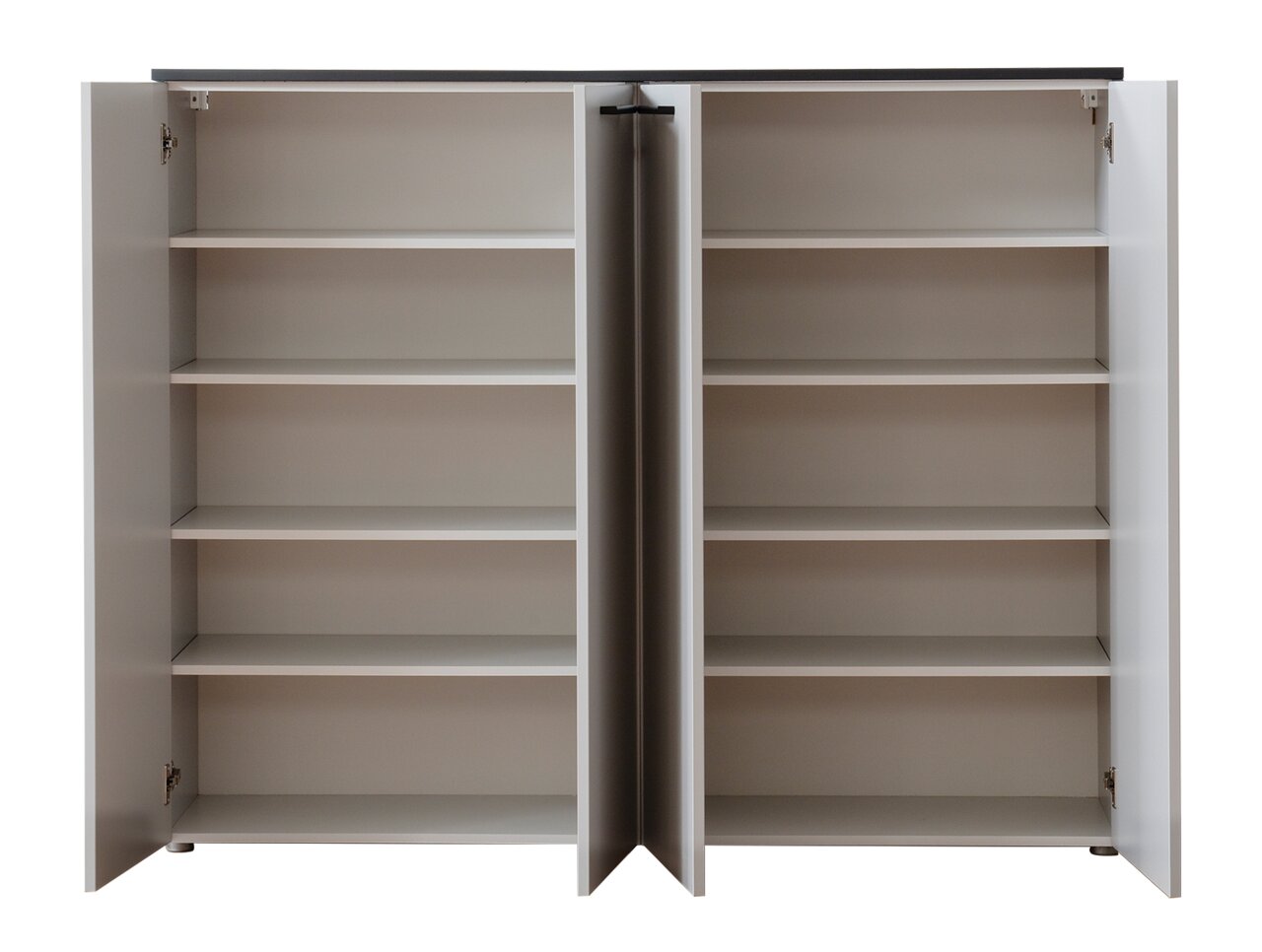 Mehrzweckschrank mit offenen Türen, fünf Regalböden, Frontalansicht