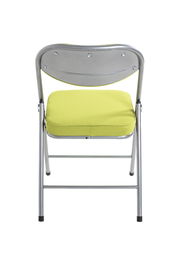 Rückansicht eines Klappstuhls mit grünem Sitzpolster und silbernem Metallrahmen