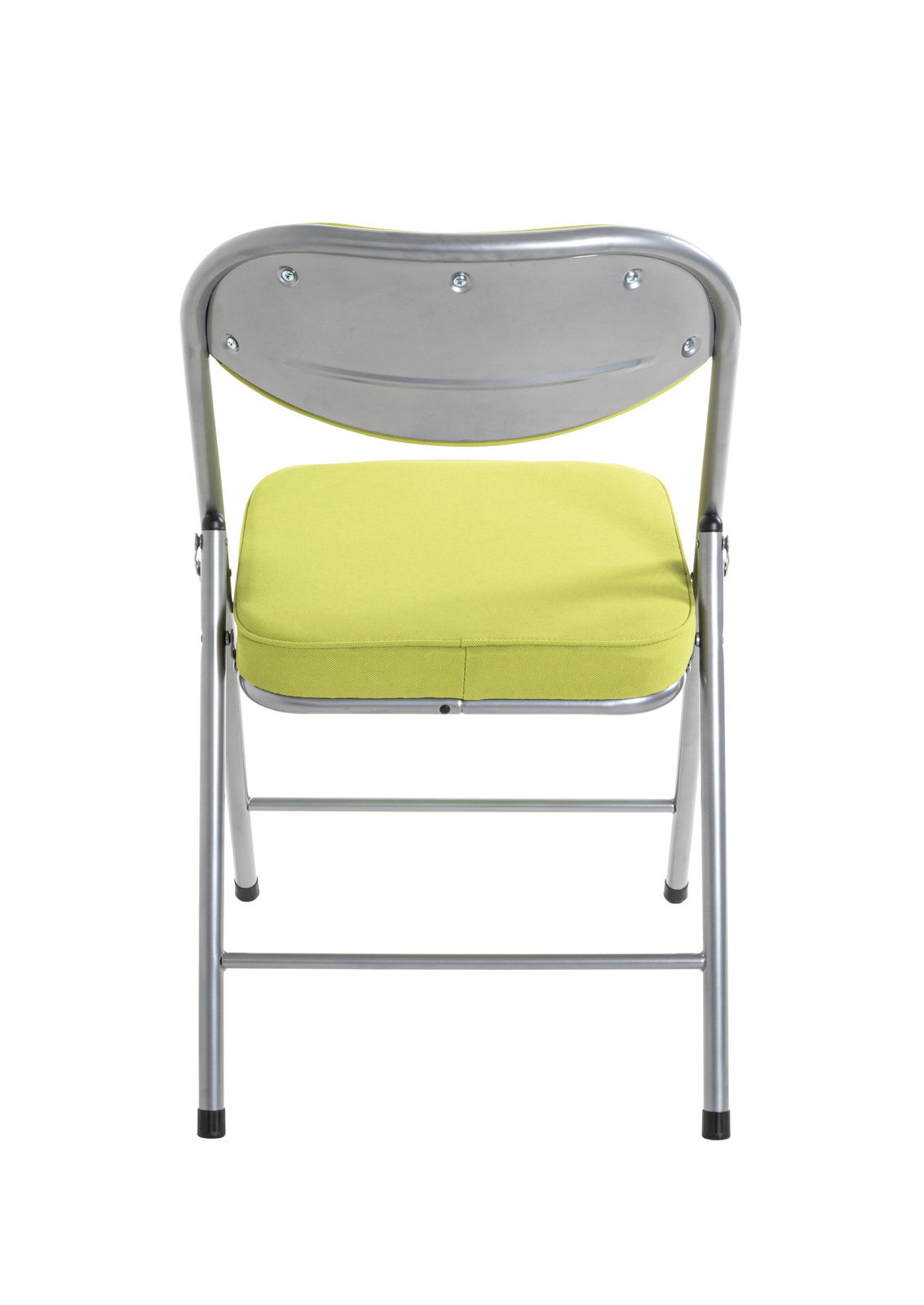 Rückansicht eines Klappstuhls mit grünem Sitzpolster und silbernem Metallrahmen