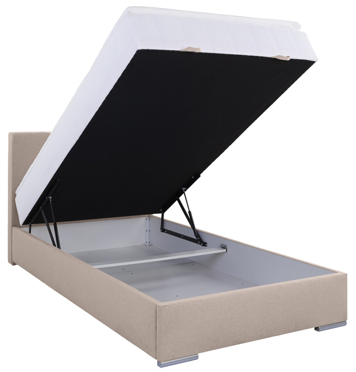 Boxbed 120 met geopende opbergruimte, zijaanzicht