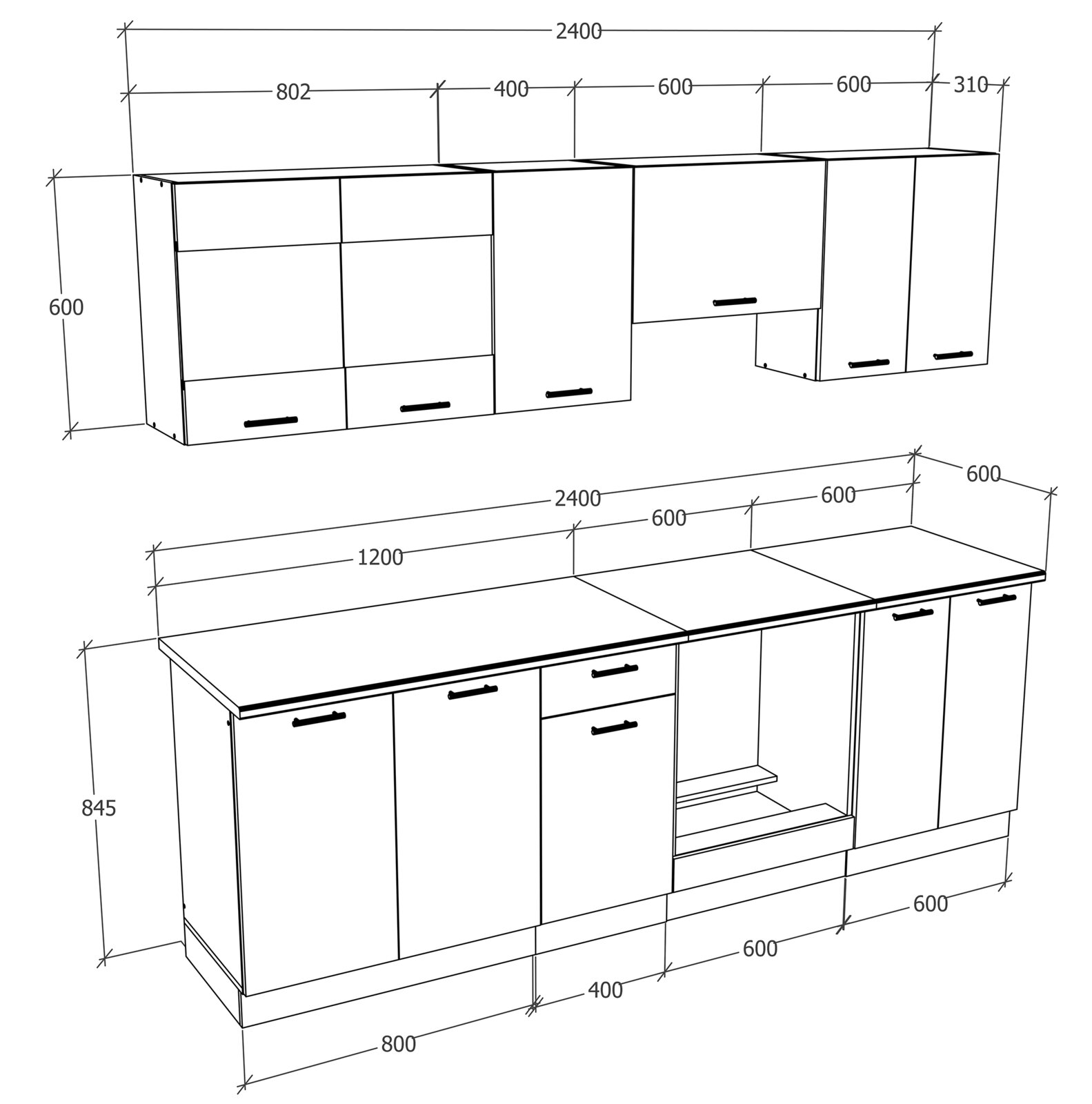 Technische Maßzeichnung einer geraden Küchenzeile mit Ober- und Unterschränken, Gesamtbreite 2400 mm und Arbeitshöhe ca. 845 mm, in schräger Frontansicht (perspektivisch) dargestellt.