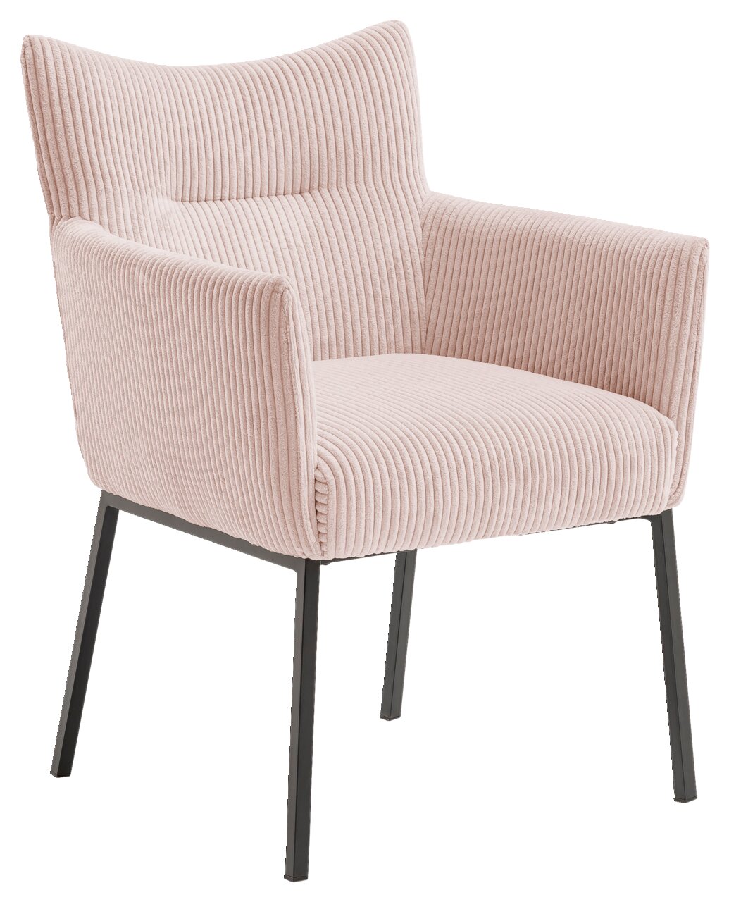 Moderner Sessel mit rosa, geripptem Stoffbezug und schwarzen Metallbeinen, seitliche Perspektive