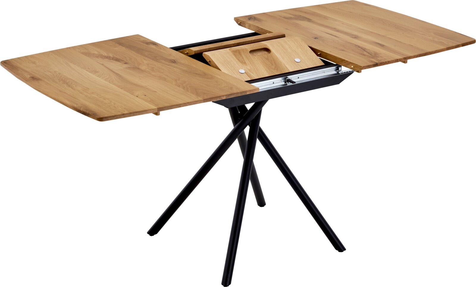 Valdera Eettafel TINY DINING Uitschuifbare eettafel met massief houten blad en zwarte metalen poten, met aan de zijkant uitschuifbare tafelbladen en zichtbaar uitschuifmechanisme, perspectivisch aanzicht schuin van bovenaf